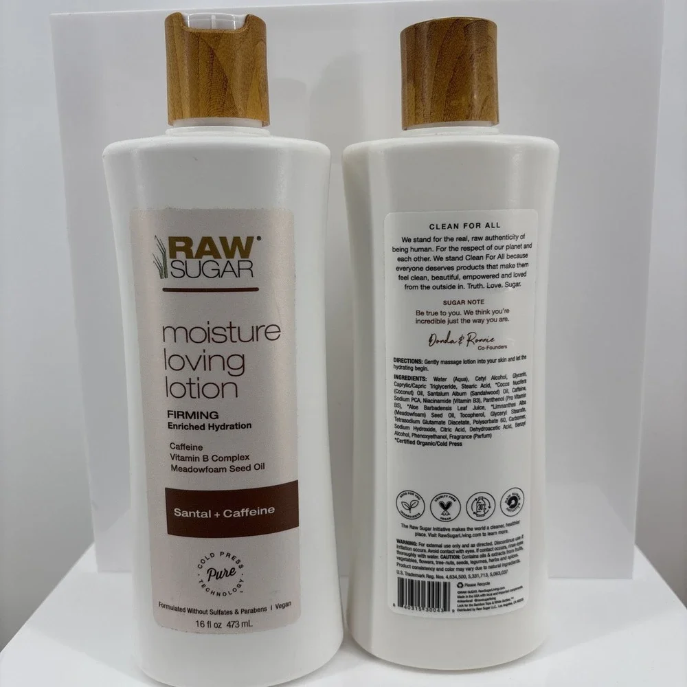 2 Raw Sugar Moisture Loving Lotion Firming Meadowfoam Santal + Caffeine 16 oz